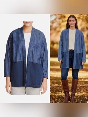 Eileen Fisher Organic Cotton Blend Denim Kimono Open Jacket Size Large Petite